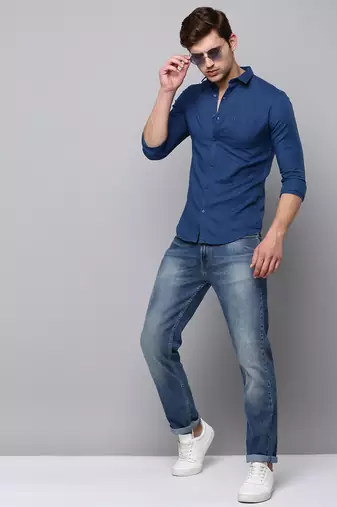 men's long sleeves solid teal shirt
