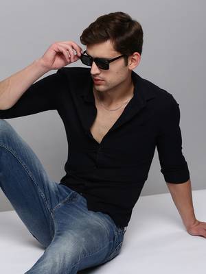 Showoff men's long sleeves solid navy blue shirt 1
