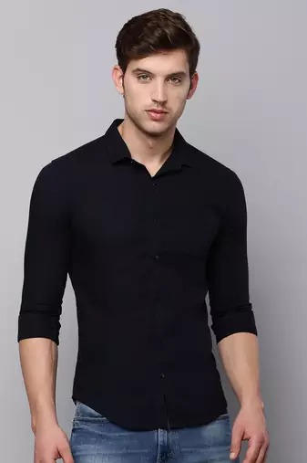 Showoff men's long sleeves solid navy blue shirt