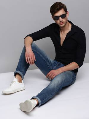 Showoff men's long sleeves solid navy blue shirt 5