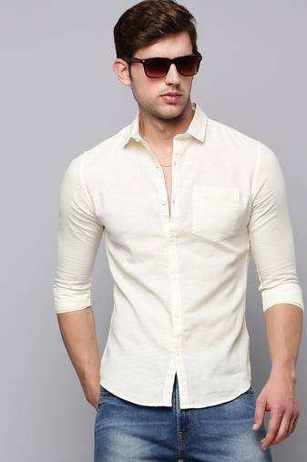 men's long sleeves solid cream shirt