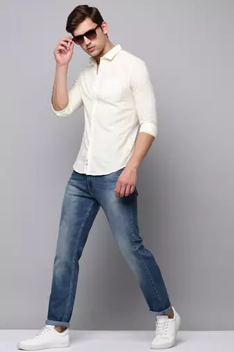 men's long sleeves solid cream shirt