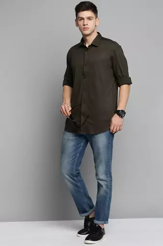 men's long sleeves solid olive shirt
