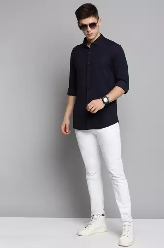 men's long sleeves solid navy blue shirt