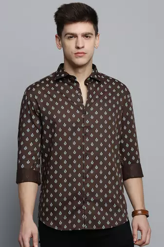men's long sleeves ethnic motifs olive shirt
