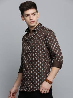 men's long sleeves ethnic motifs olive shirt 3