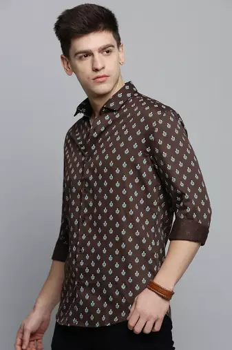 men's long sleeves ethnic motifs olive shirt