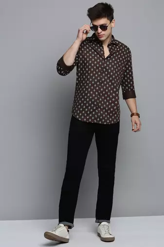 men's long sleeves ethnic motifs olive shirt