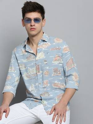 Showoff men's long sleeves conversational blue shirt 1
