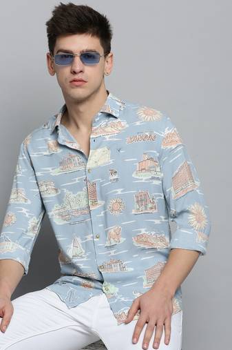 Showoff men's long sleeves conversational blue shirt