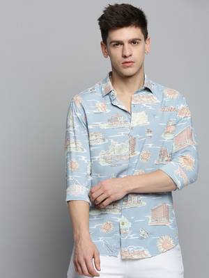 Showoff men's long sleeves conversational blue shirt 2