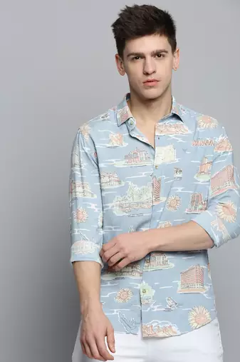 Showoff men's long sleeves conversational blue shirt