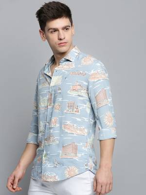 Showoff men's long sleeves conversational blue shirt 3