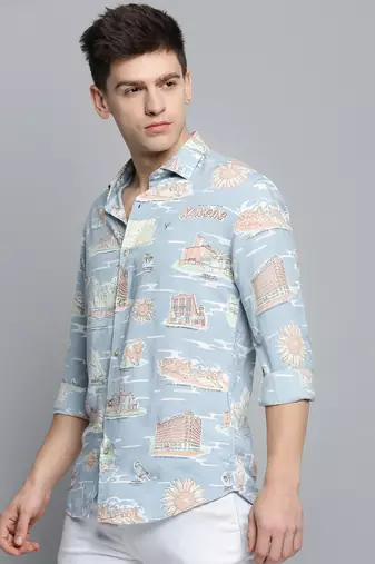 Showoff men's long sleeves conversational blue shirt
