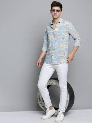 Showoff men's long sleeves conversational blue shirt 5