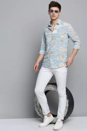 Showoff men's long sleeves conversational blue shirt