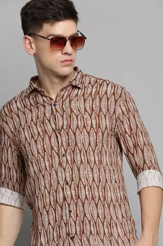 men's long sleeves abstract brown shirt