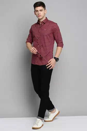 men's long sleeves geometric maroon shirt