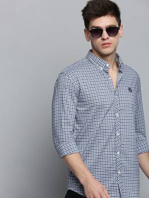 Showoff men's long sleeves gingham checks white shirt 1
