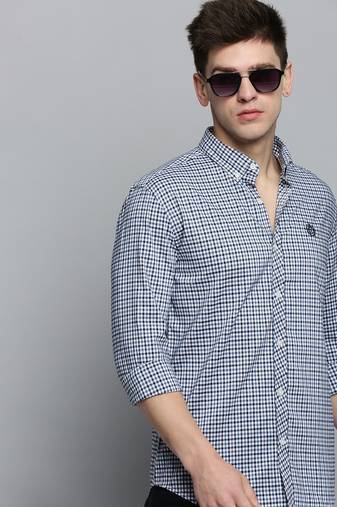 Showoff men's long sleeves gingham checks white shirt