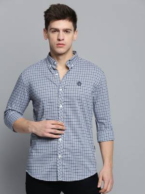 Showoff men's long sleeves gingham checks white shirt 2