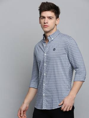Showoff men's long sleeves gingham checks white shirt 3
