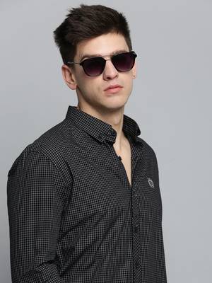 Showoff men's long sleeves windowpane checks black shirt 1