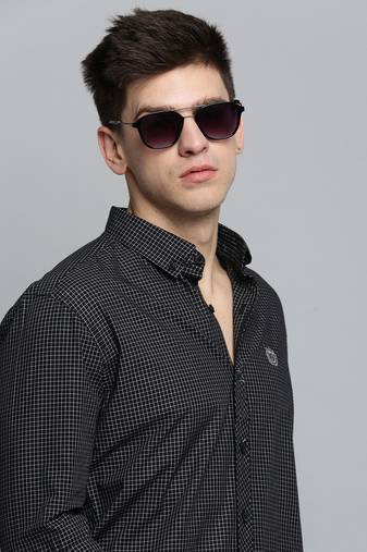 Showoff men's long sleeves windowpane checks black shirt