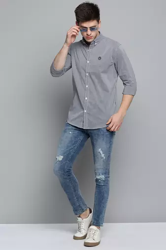 men's long sleeves shepherd checks navy blue shirt