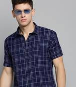 Showoff men's short sleeves checked navy blue shirt