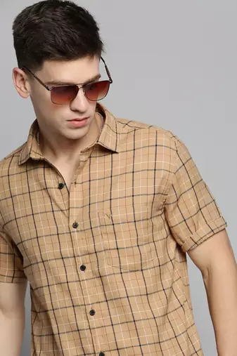 Showoff men's short sleeves windowpane checks khaki shirt
