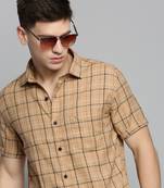 Showoff men's short sleeves windowpane checks khaki shirt