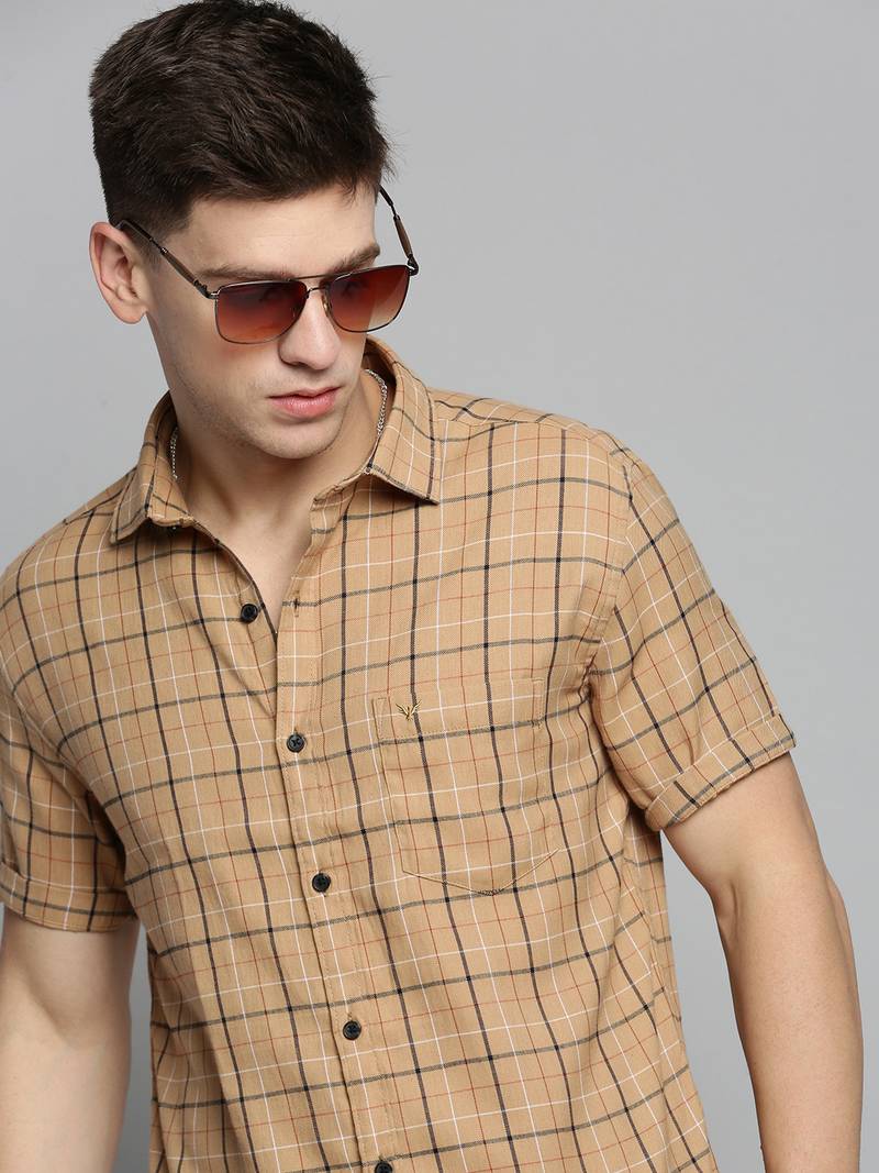 Showoff men's short sleeves windowpane checks khaki shirt