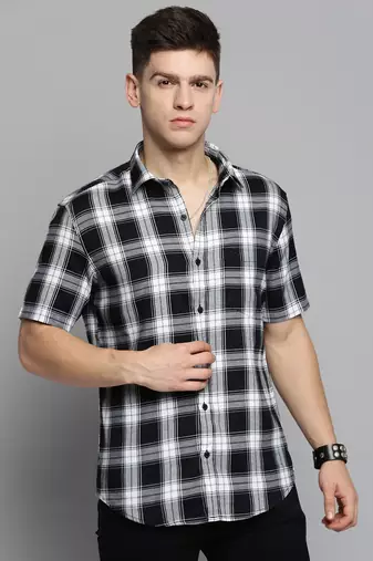 men's short sleeves checked white shirt