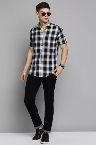 men's short sleeves checked white shirt