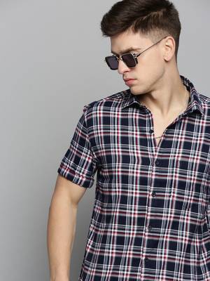men's short sleeves checked navy blue shirt 1