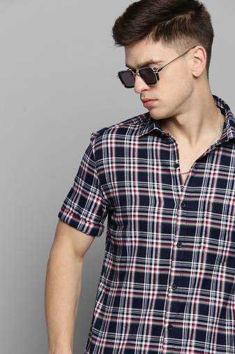 men's short sleeves checked navy blue shirt