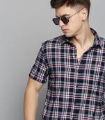 men's short sleeves checked navy blue shirt