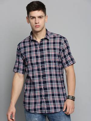 men's short sleeves checked navy blue shirt 2