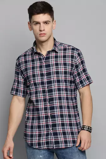 men's short sleeves checked navy blue shirt