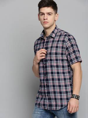 men's short sleeves checked navy blue shirt 3