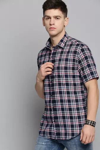 men's short sleeves checked navy blue shirt