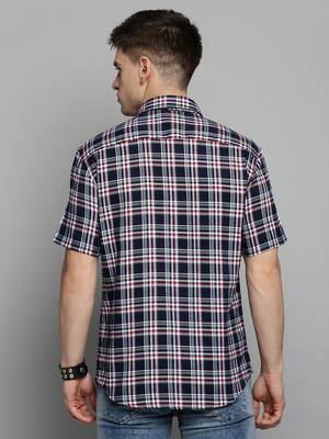 men's short sleeves checked navy blue shirt 4
