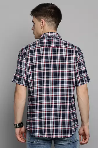 men's short sleeves checked navy blue shirt