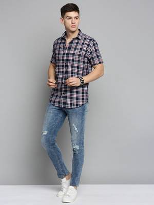 men's short sleeves checked navy blue shirt 5