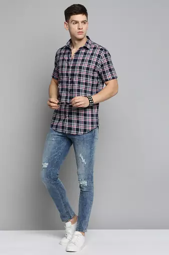 men's short sleeves checked navy blue shirt