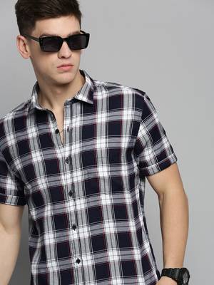 Showoff men's short sleeves tartan checks navy blue shirt 1
