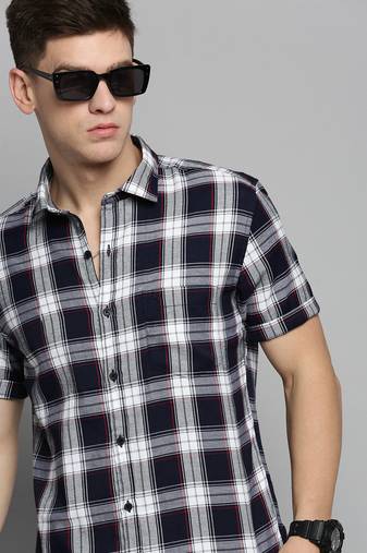 Showoff men's short sleeves tartan checks navy blue shirt
