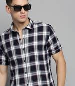 Showoff men's short sleeves tartan checks navy blue shirt