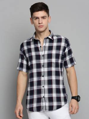 Showoff men's short sleeves tartan checks navy blue shirt 2